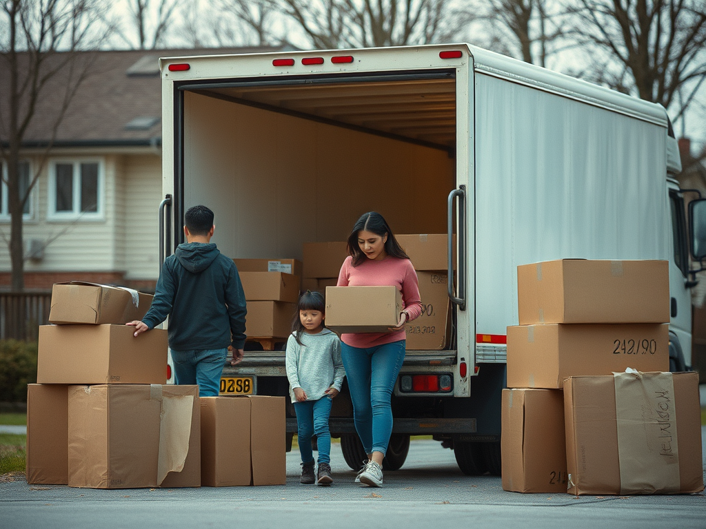 déménagement pour particulier, montrant une famille ou une personne, des cartons et un camion, sans texte ajouté sur l’image