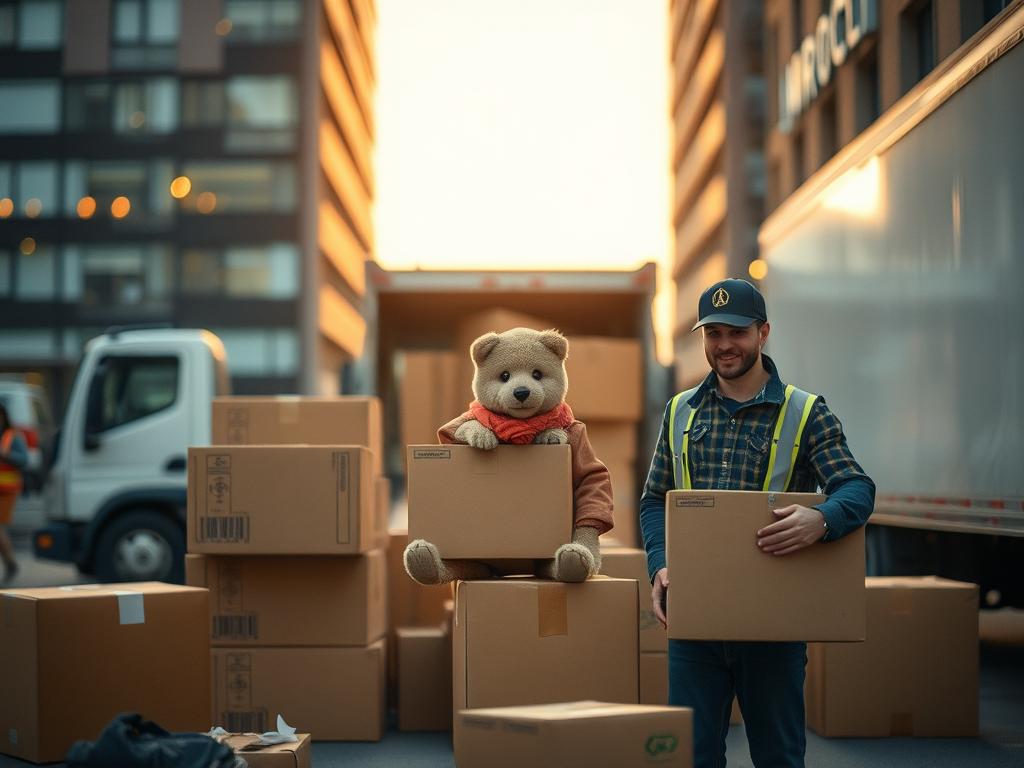 déménagement professionnel pour entreprises, avec des déménageurs professionnels, des cartons, un diable et un camion, sans texte ajouté sur l’image