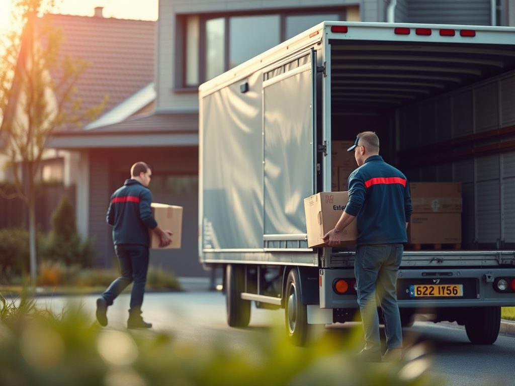 service de déménagement, avec des déménageurs professionnels en train de transporter des cartons dans un camion devant une maison moderne à Charleroi