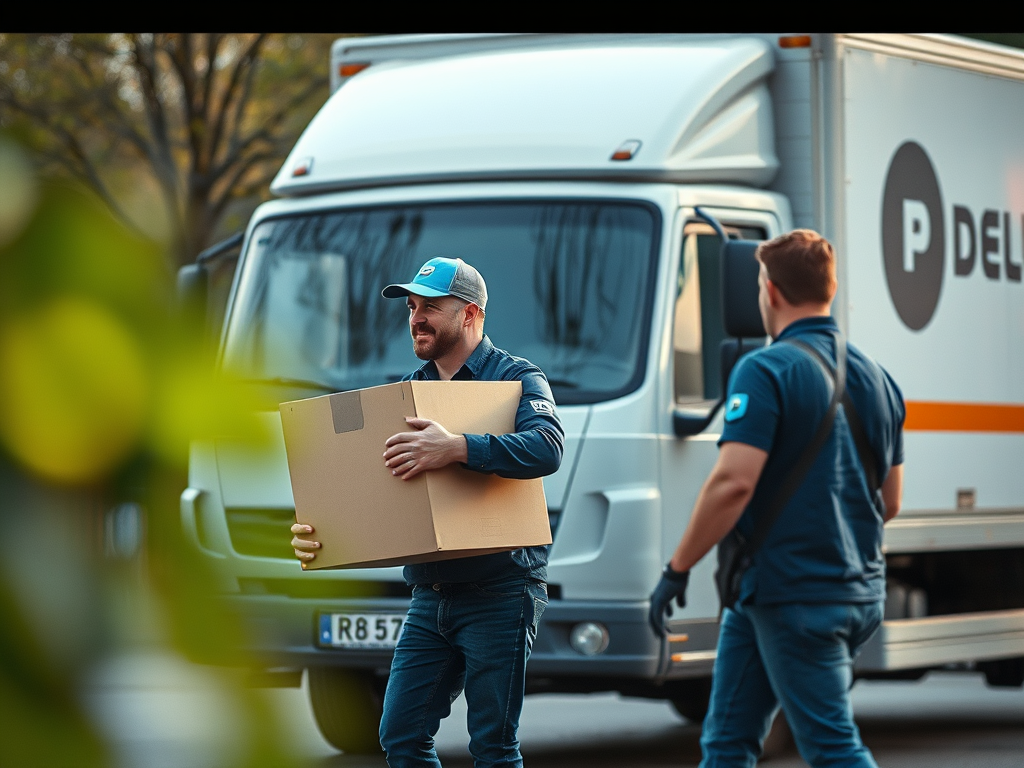 service de déménagement en action, des déménageurs portant des cartons devant un camion de déménagement, ambiance professionnelle et dynamique à Charleroi